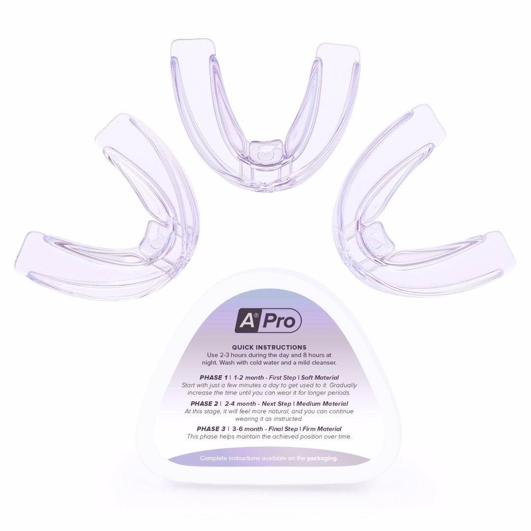 Three clear mouthguards with a packaging card labeled 'A-Pro' on a white background.