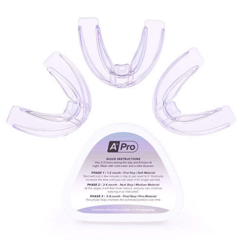 Three clear mouthguards with a packaging card labeled 'A-Pro' on a white background.